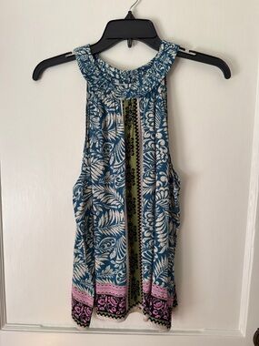 LOFT Teal Floral-Print Halter Tank with Pink and Green Accents